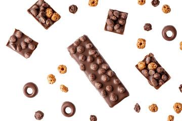 Dark chocolate bar with nuts isolated on transparent background. Chocolate cereal bar isolated on white background.