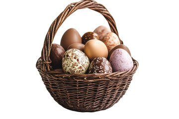Chocolate easter eggs in a nest isolated on transparent background. Chocolate Easter eggs arranged in a decorative basket isolated on white background.