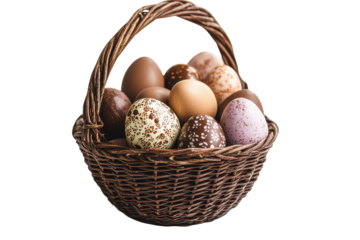 Chocolate easter eggs in a nest isolated on transparent background. Chocolate Easter eggs arranged in a decorative basket isolated on white background.