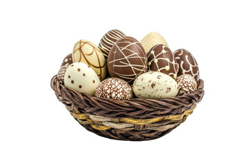 Chocolate easter eggs in a nest isolated on transparent background. Chocolate Easter eggs arranged in a decorative basket isolated on white background.