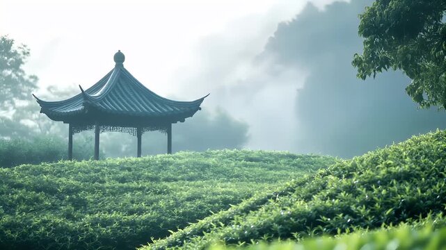 Tea industry. Tea leaves. Plantation. Culture. A tranquil, serene landscape featuring a traditional Chinese pagoda amidst a misty backdrop. The pagoda, with its ornate roof.