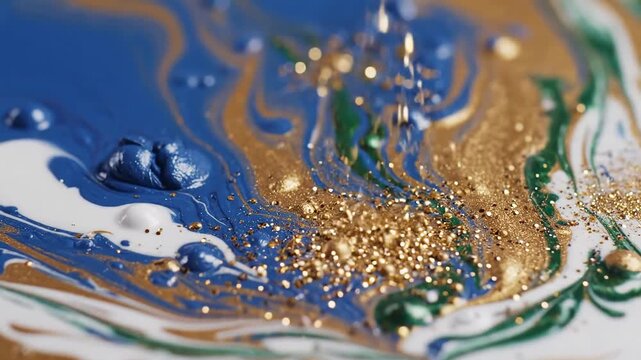 Abstract Fluid Art with Gold Glitter and Blue Swirls.