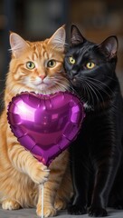 Vertical portrait of a fluffy orange tabby and a black cat sitting together. Cute pets holding a purple heart shaped balloon for Valentine's Day. Love and romance concept