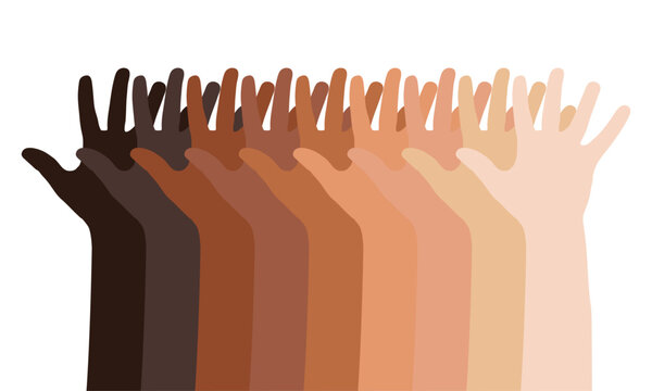 Human Diversity and Unity Illustration Spectrum of Skin Tone Hands Raised for ESG, DEI Presentations and Global Community Graphics