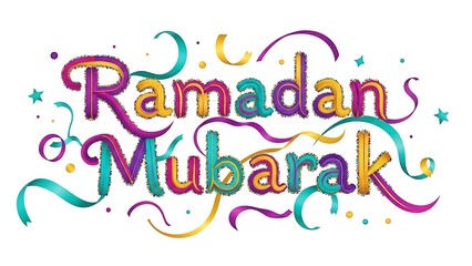 Fototapeta premium Vibrant Ramadan Mubarak celebration greeting with colorful ribbons and stars