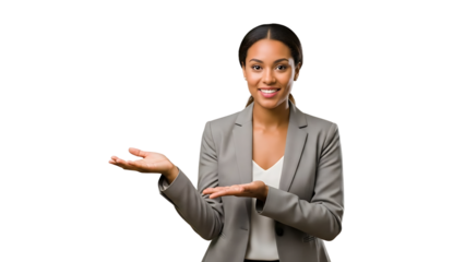 A smiling businesswoman presenting something on a transparent background
