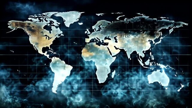 A digital artwork of a world map overlaid with a grid of data points, set against a backdrop of swirling clouds. The map is rendered in shades of blue and white.