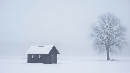 Fototapeta premium Minimalist winter landscape features a solitary dark wooden shed with snow-covered roof standing next to a large bare deciduous tree in dense atmospheric fog blanketing the snowy field.