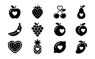 Heart-shaped fruit silhouette icons set