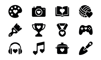 Hobby heart silhouette icons set