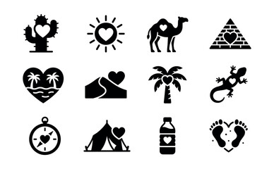 Desert Love Adventure Black and White Icons Set