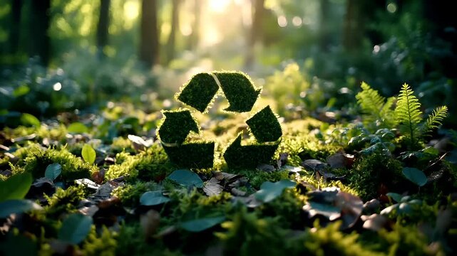 Recycling. Environment conservation. Waste management. A closeup of a forest floor covered in moss and ferns, with sunlight filtering through the trees. - Powered by Adobe