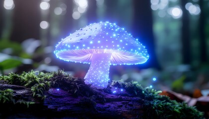 Magical glowing mushroom on mossy log high resolution picture