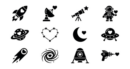 Space love black and white icons set