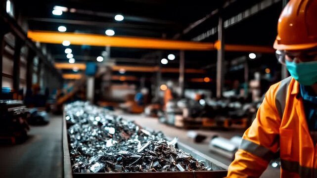 Recycling. Environment conservation. Waste management. Awarehouse worker in orange safety gear, wearing a face mask and protective eyewear, inspects a pile of metal in a warehouse.