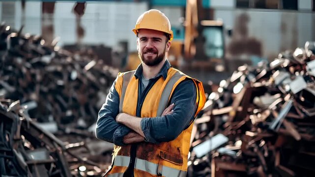 Recycling. Environment conservation. Waste management. A man in a yellow safety vest and hard hat stands amidst a pile of rubble, possibly at a construction site.