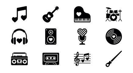 Music love black and white icons set