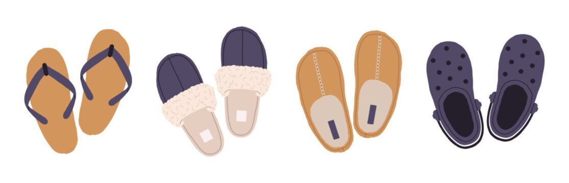 Domestic slippers. Fluffy slippers, flip flops and male and female textile house shoes, home soft and comfy footwear flat vector illustration set. Indoor footwear collection on white