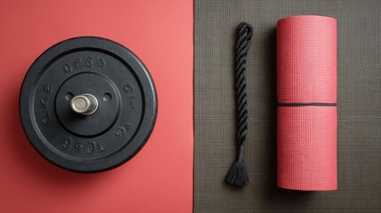 Fitness gear collection including weight plate and yoga mat on a red and black background.
