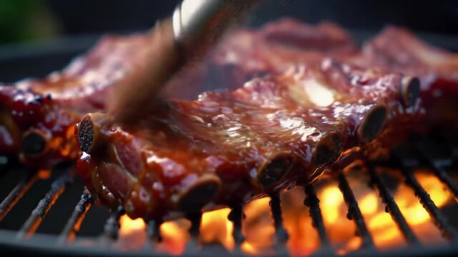 extreme close-up macro video of sizzling, glazed pork ribs on fiery grill. human hand basting caramelized meat with golden hour glow & bokeh. mouth-watering culinary experience