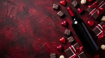 Red wine bottle with heart chocolates and gift boxes on dark red textured background