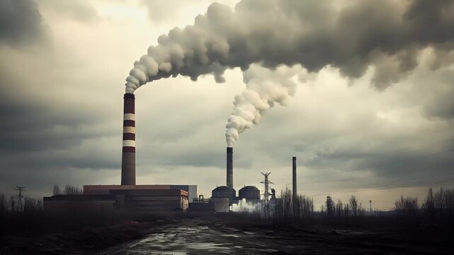 Air pollution. Environment conservation. Industry. A photograph of a factory chimney releasing smoke into the sky. The sky is a mix of gray and white clouds, with the smoke billowing upwards.