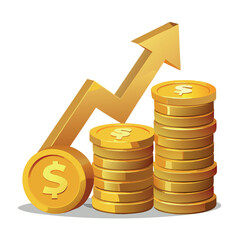 Golden coins stacked in increasing height with an upward arrow, representing financial growth