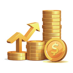 Golden coins stacked in increasing height with an upward arrow, representing financial growth