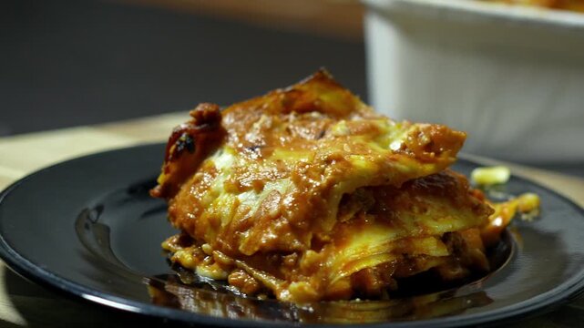 Traditional Italian Beef Lasagna with Melted Cheese, 4K Food Footage
