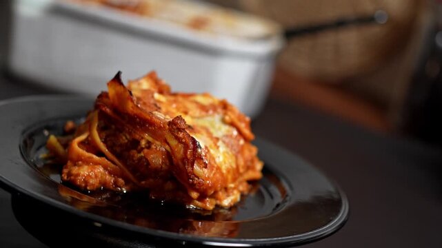 Traditional Italian Beef Lasagna with Melted Cheese, 4K Food Footage