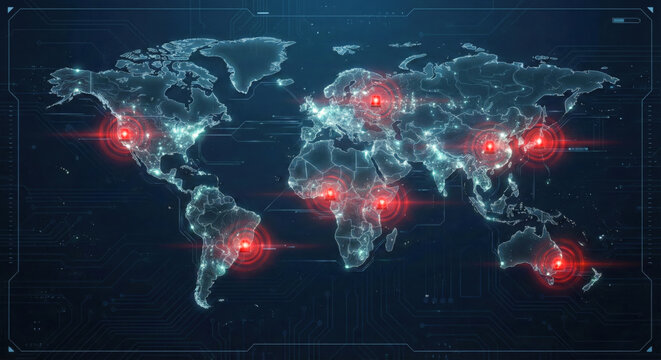 Futuristic digital world map visualizing global cyber threats and attack hotspots. Ideal for cybersecurity, data protection, global networks, risk analysis, and technology concepts.