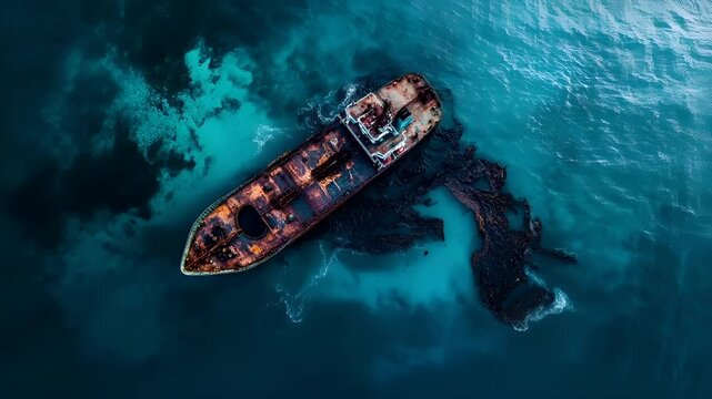 Oil spill. Environment ecosystem pollution disaster. Aerial view of shipwrecked in deep blue ocean with seaweed floating around it.