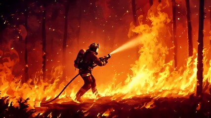 Natural disaster. Devastating loss aftermath scene. A vivid portrayal of a firefighter in action amidst a roaring forest fire. The firefighter, equipped with a hose, is captured in a dynamic pose.