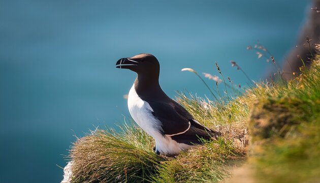 Portrait Of A Razorbill Perched On Grassy Cliff Edge