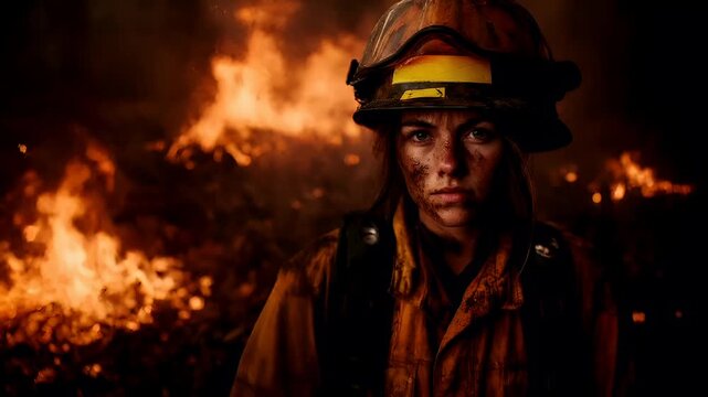 Natural disaster. Devastating loss aftermath scene. A firefighters face is captured in a dramatic, closeup shot, emphasizing the intensity of the scene.