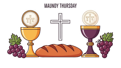 Maundy Thursday religious with chalice bread grapes and cross