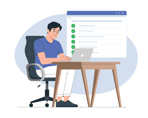 Man in blue shirt working on laptop with checklist on screen 1