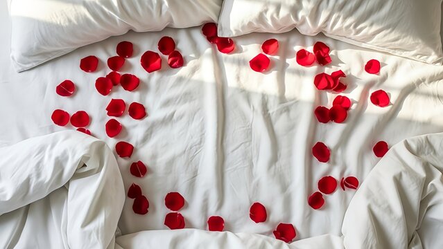 Top view of a heart shape made of red rose petals on white bed sheets with pillows.