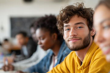 Fototapeta premium A group of people are sitting in a classroom, one of whom is smiling