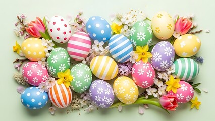 Obraz premium Assortment of decorated eggs nestled among spring flowers, vibrant colors on light green