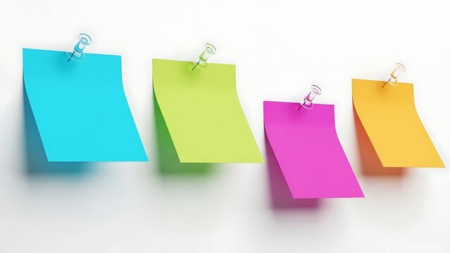 Colorful sticky notes on white wall with push pins  office supplies