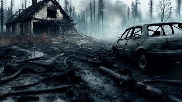 Natural disaster. Devastating loss aftermath scene. A moody, atmospheric portrayal of a dilapidated house amidst a forested landscape. The house, with its wornout roof and overgrown vegetation.