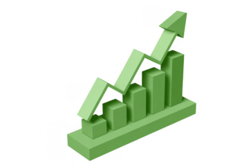 Green 3D bar chart with rising arrow graph isolated on a transparent background