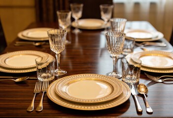 Elegant Dining Table Set with Crystal Glassware and Plates
