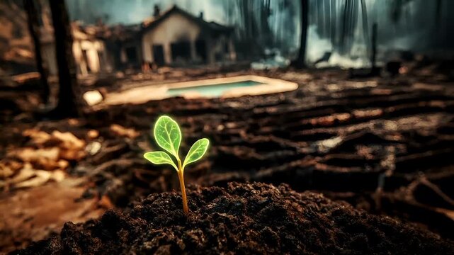 Natural disaster. Devastating loss aftermath scene. A vivid portrayal of a young plant sprouting from the ground, set against a backdrop of a dilapidated house amidst a forest fire.
