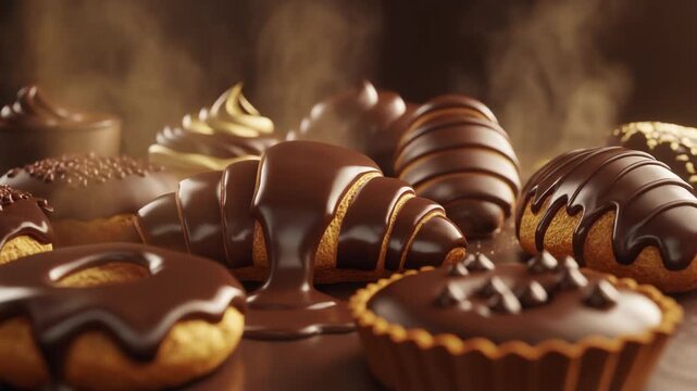 Cinematic Slow Motion Chocolate Dessert Pastries With Glossy DrizzleXL