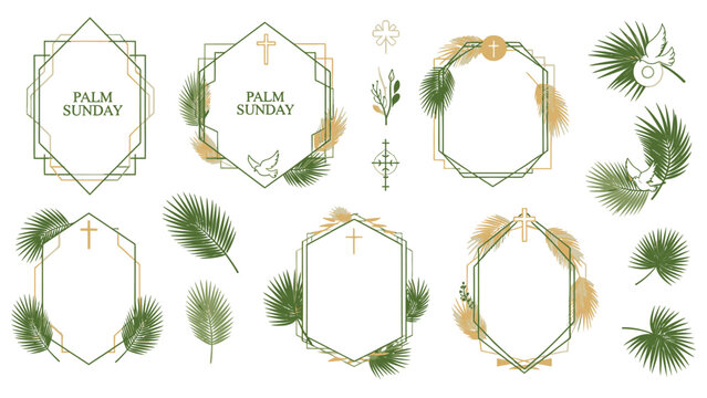 Palm Sunday wreaths with green palm leaves and gold wheat religious symbol
