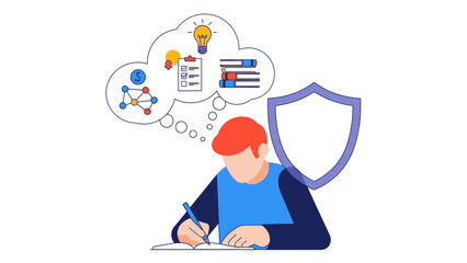 Man Writing with Security Shield Protection.