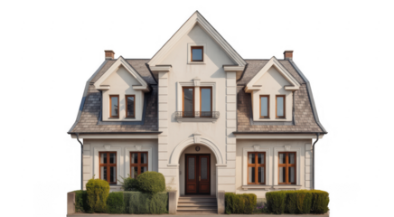 White house with gray roof and bushes isolated on a transparent background