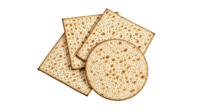 Three pieces of round matzah crackers with a square piece on a white background unleavened bread